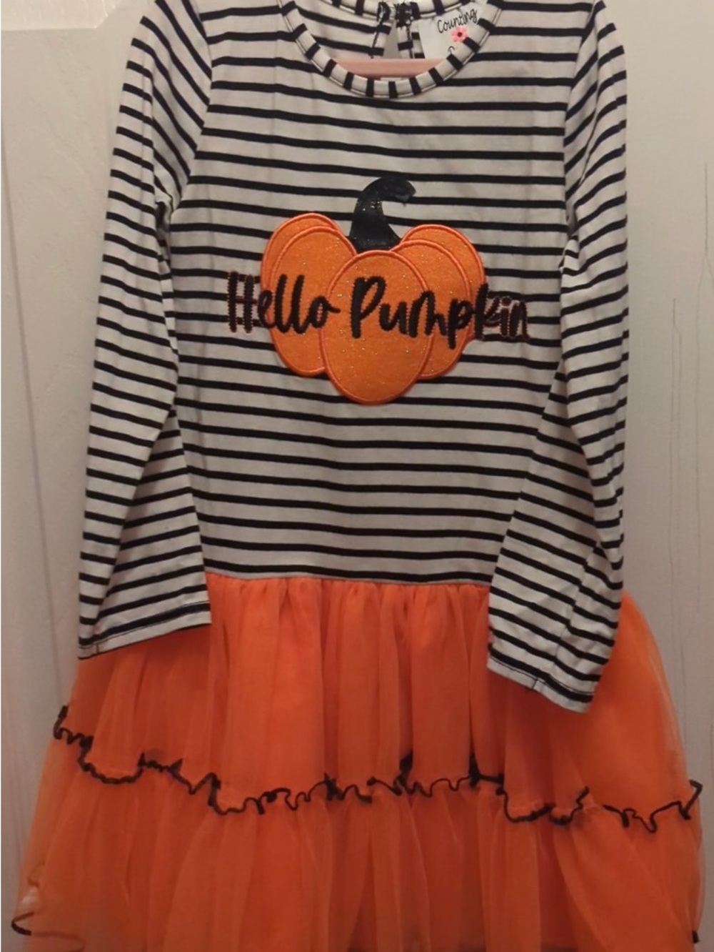 "Hello Pumpkin" Orange & Black Striped Halloween Costume Dress
